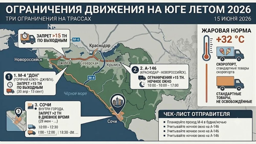 Доставка на юг летом 2026: три ограничения на трассах